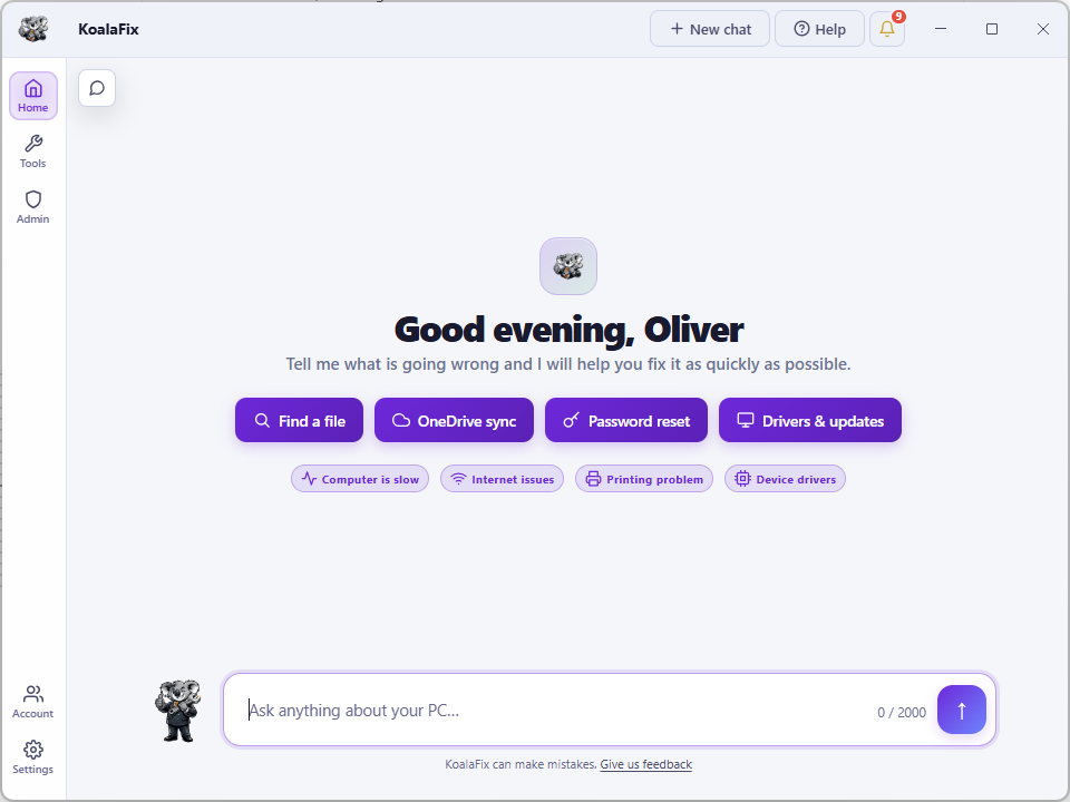 Current KoalaFix desktop home screen with quick actions for files, OneDrive, passwords, drivers and common PC issues